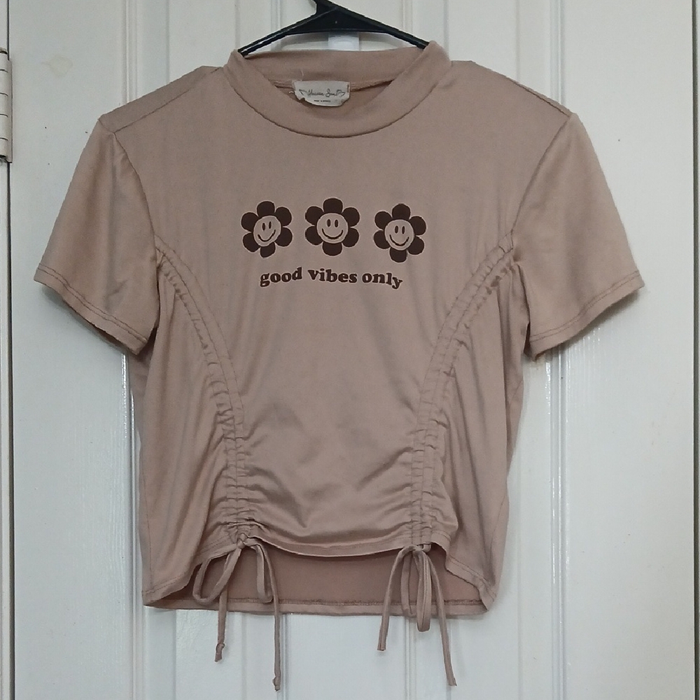 Heaven Sent Tan & Brown Ruched Crop Top With Design